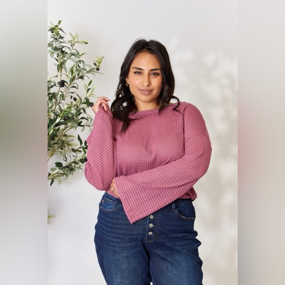 Culture Code Waffle-Knit Round Neck Long Sleeve Blouse - Picture 7 of 12